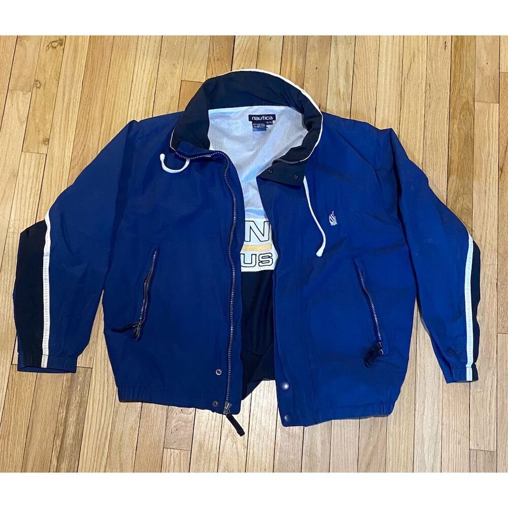 Vintage Nautica Men's Blue Windbreaker Jacket Size XL Full Zip Hooded